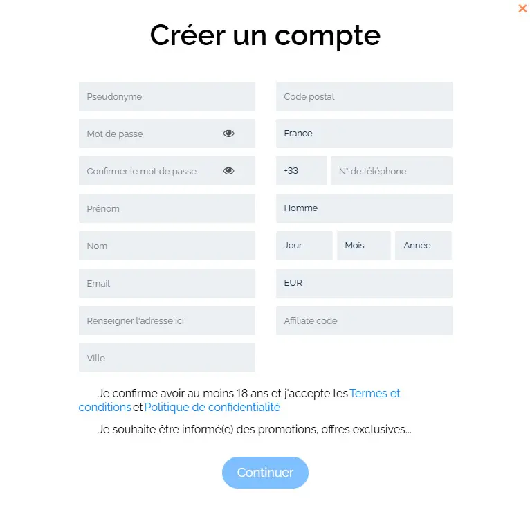 Processus d'inscription Party Spinz Casino
